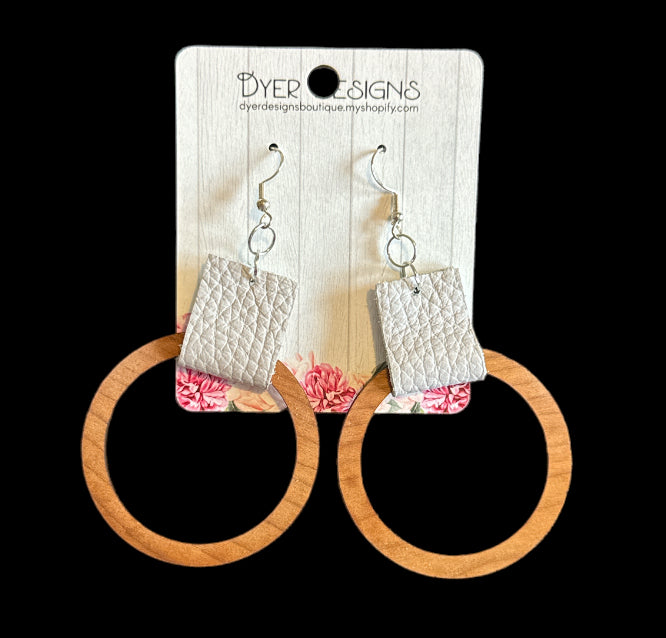 Wooden Medium Hoops with Grey Leather Earrings
