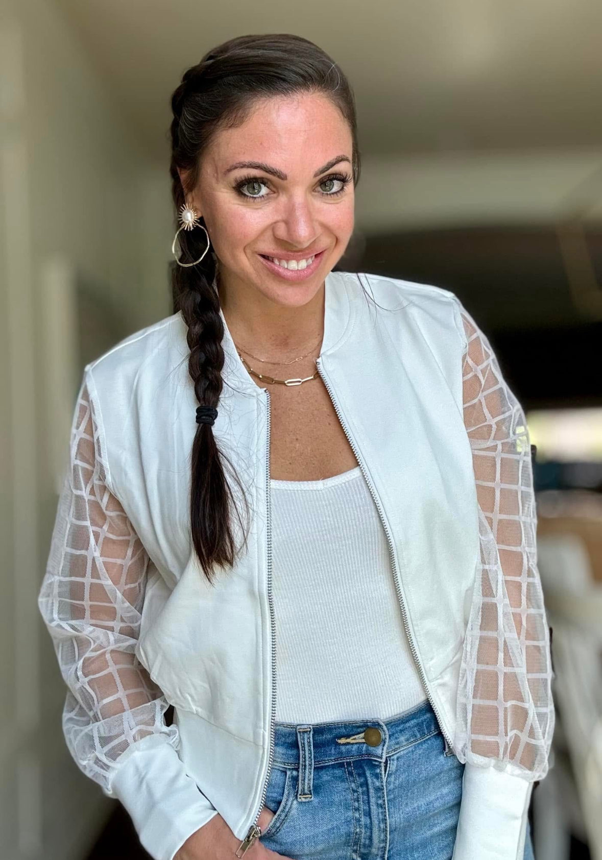White Mesh Sleeve Jacket