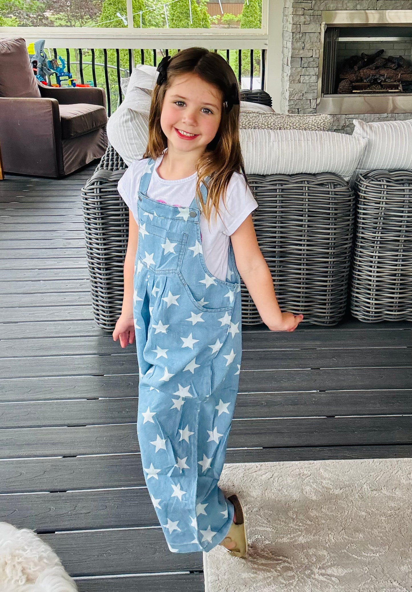 Star printed denim jumpsuit-KID