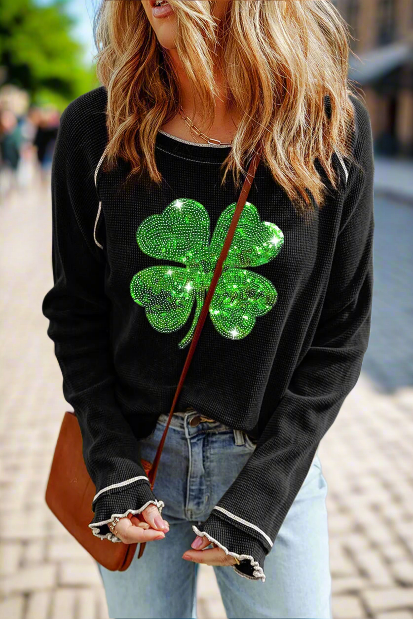 Black Sequin Four Leaf Clover Contrast Lettuce Trim Long Sleeve Top