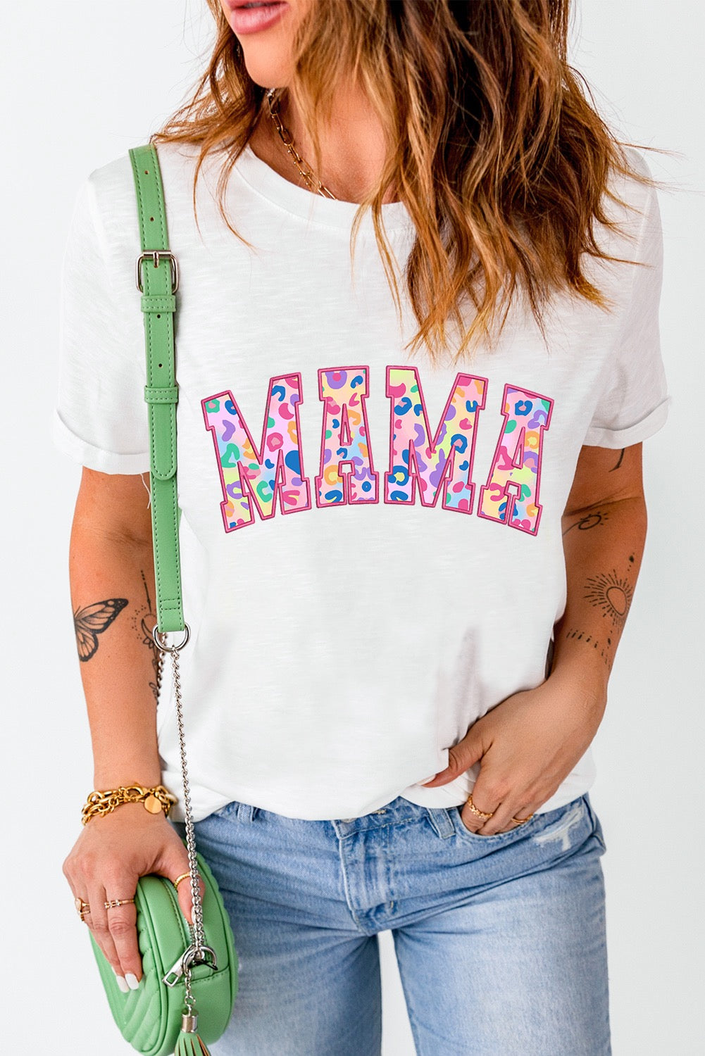 White MAMA Chenille Patched Crew Neck T Shirt