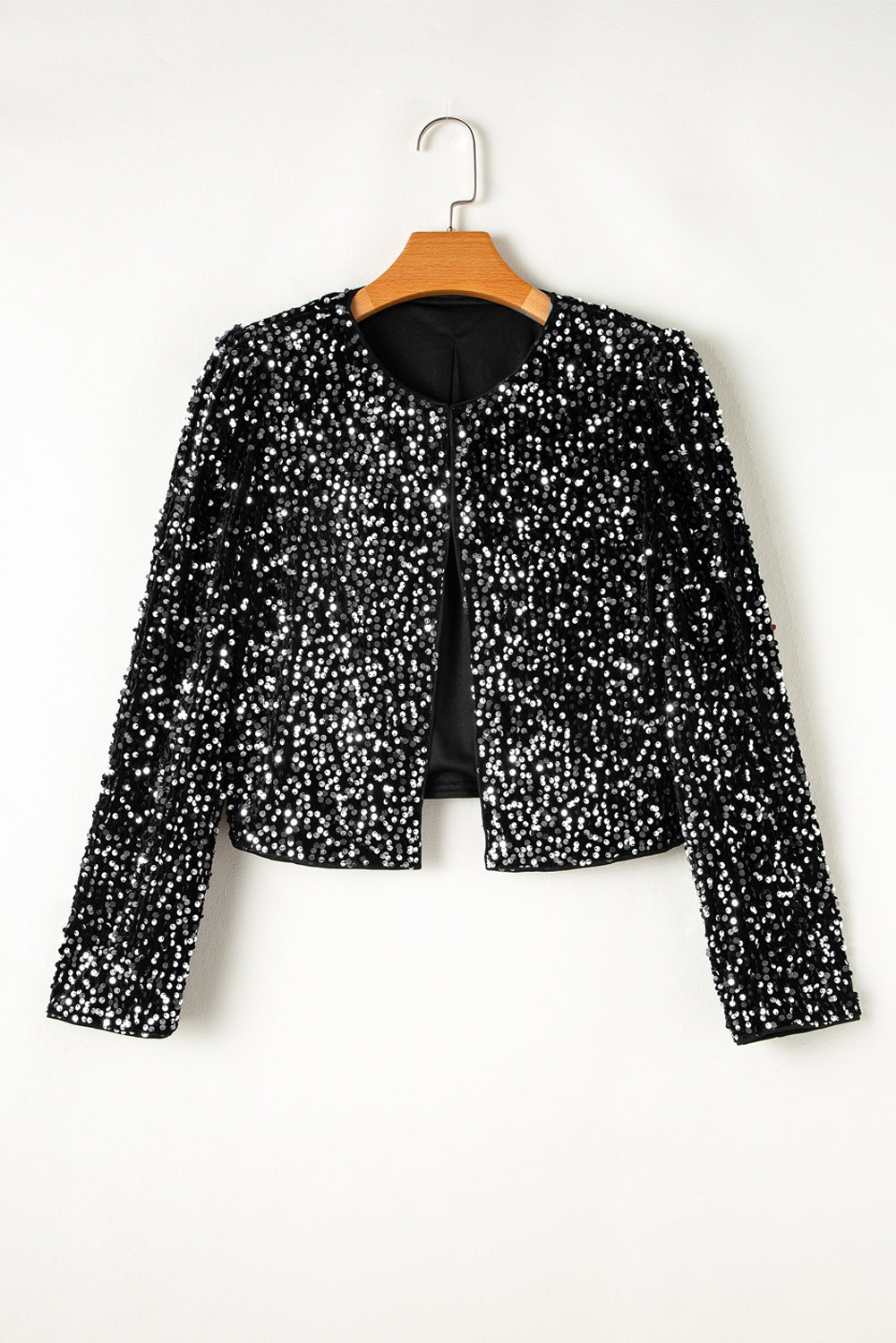 *Black Sequined Open Front Cropped Jacket
