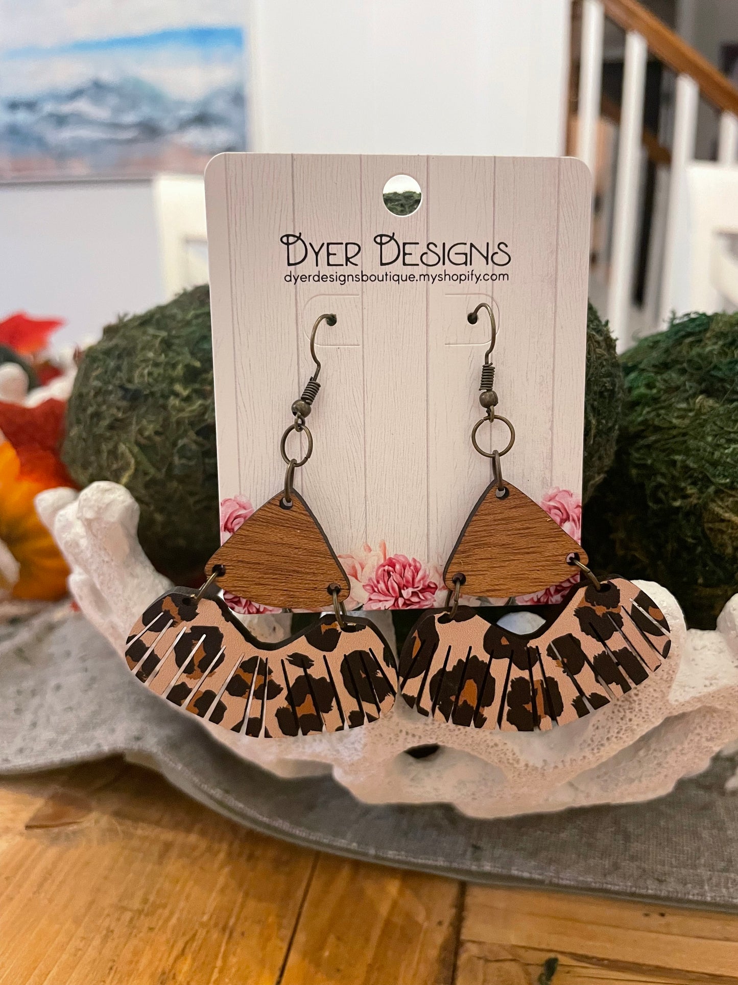 Wooden Leopard Wing Earrings