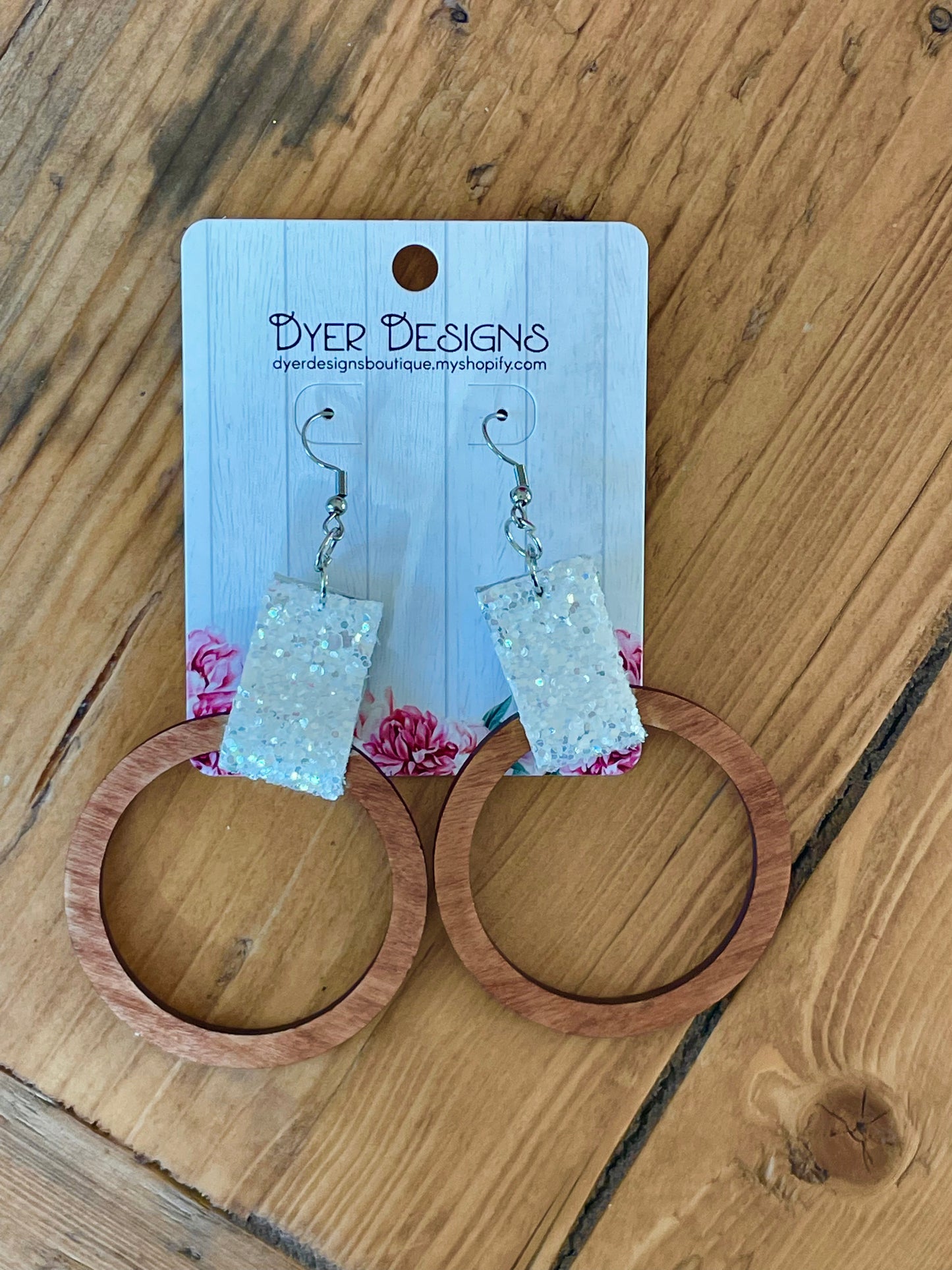 Wooden Medium Hoops with Grey Leather Earrings