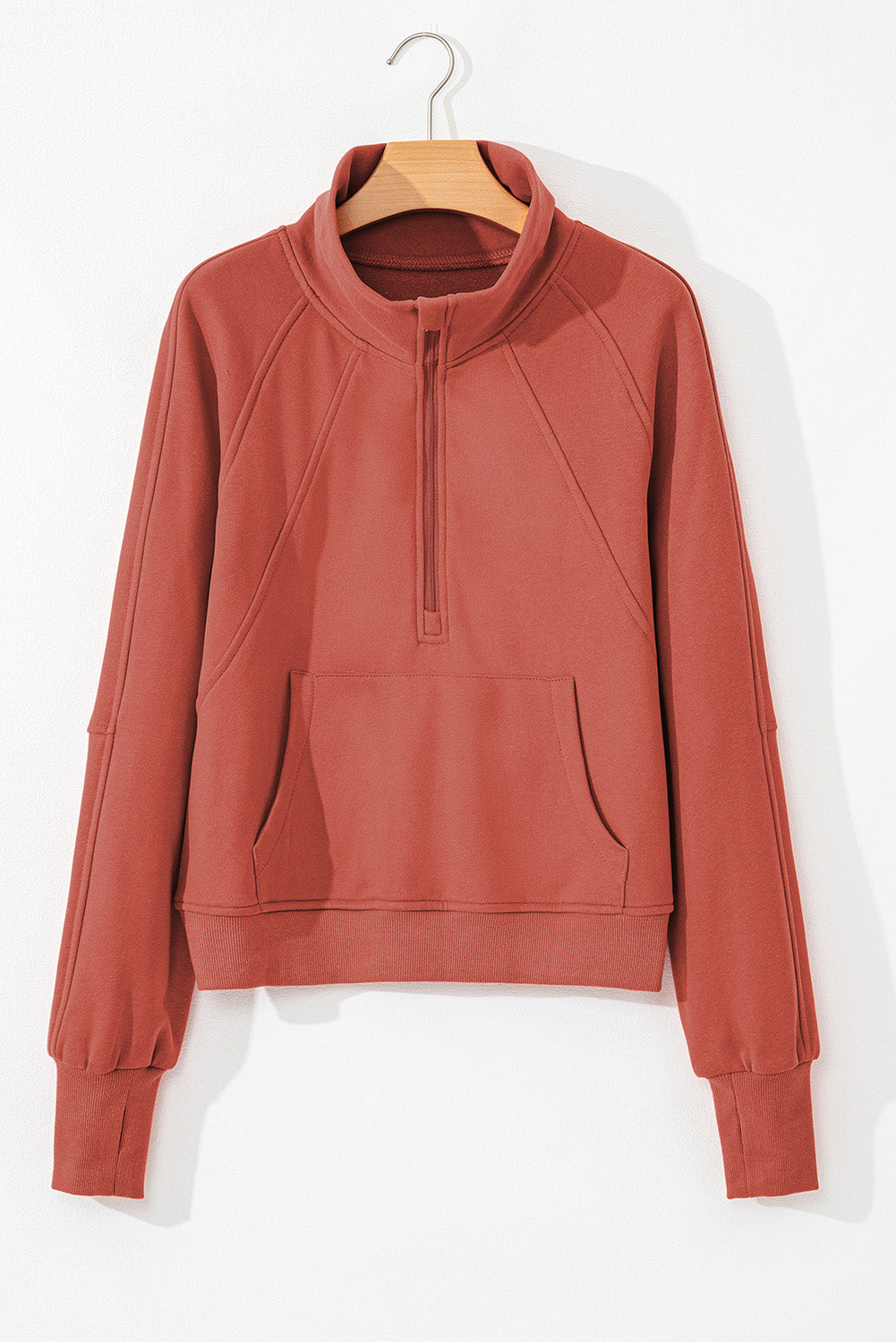 Rust Fleece Lined Zip Up Stand Collar Thumbhole Sleeve Pullover