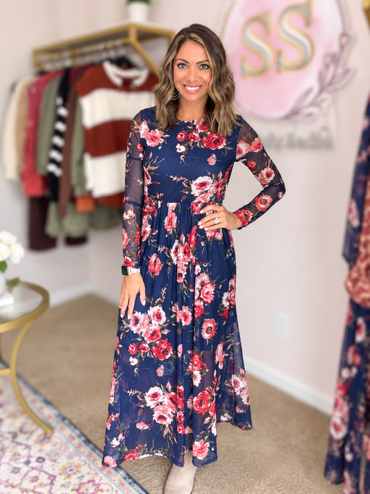 NAVY FLORAL MESH LONG SLEEVE MIDI DRESS