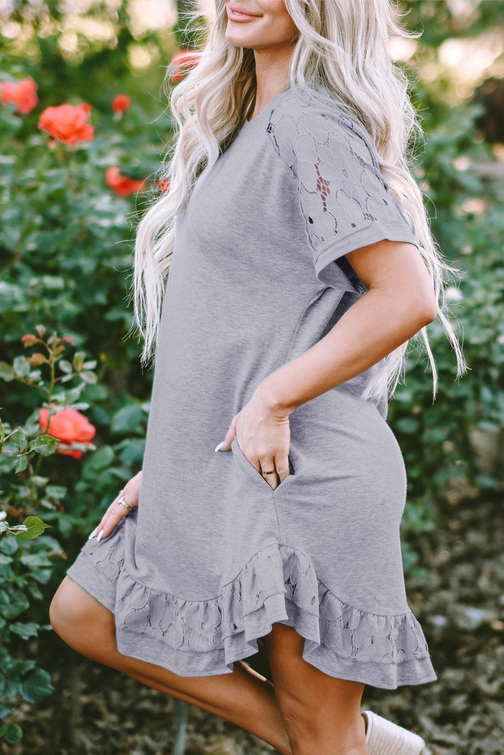 Light Grey Lace Floral Patchwork Ruffled T-shirt Dress