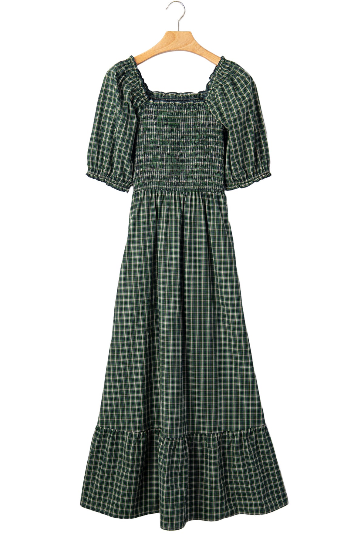 PRE-ORDER Green Plaid Square Neck Shirred High Waist Ruffle Hem Dress