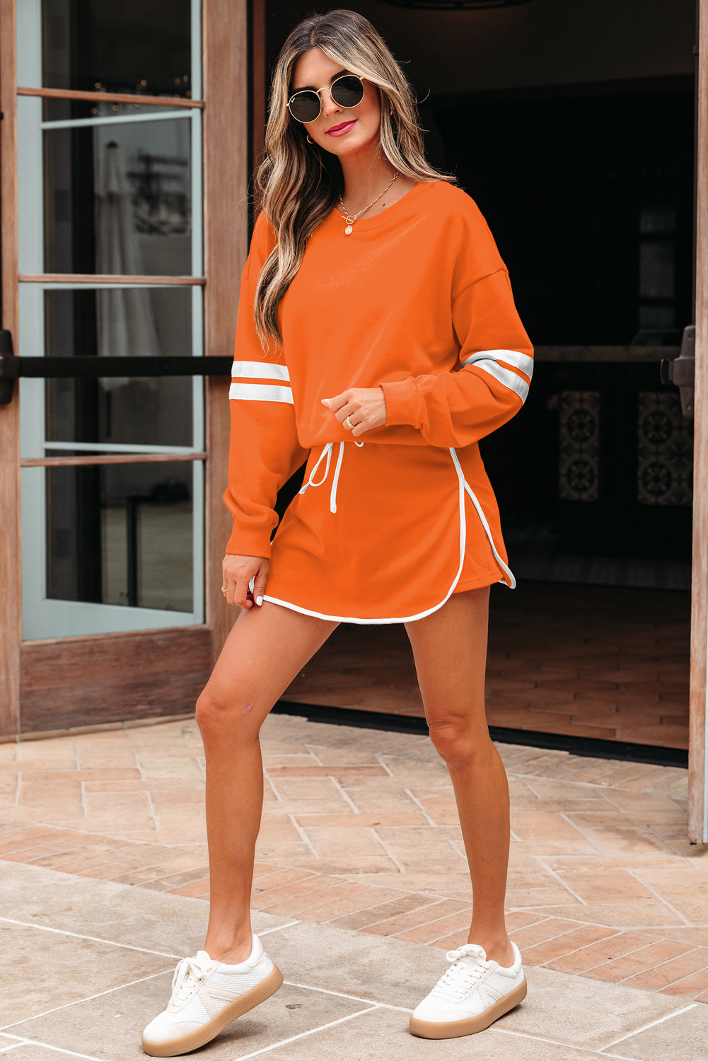 7-9 days ETA Orange Varsity Stripe Detail Drop Shoulder Pullover Mini Skirt Set