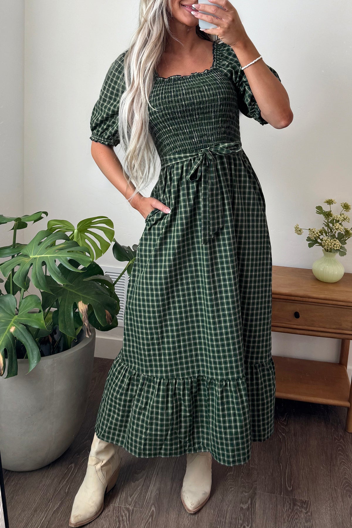 PRE-ORDER Green Plaid Square Neck Shirred High Waist Ruffle Hem Dress