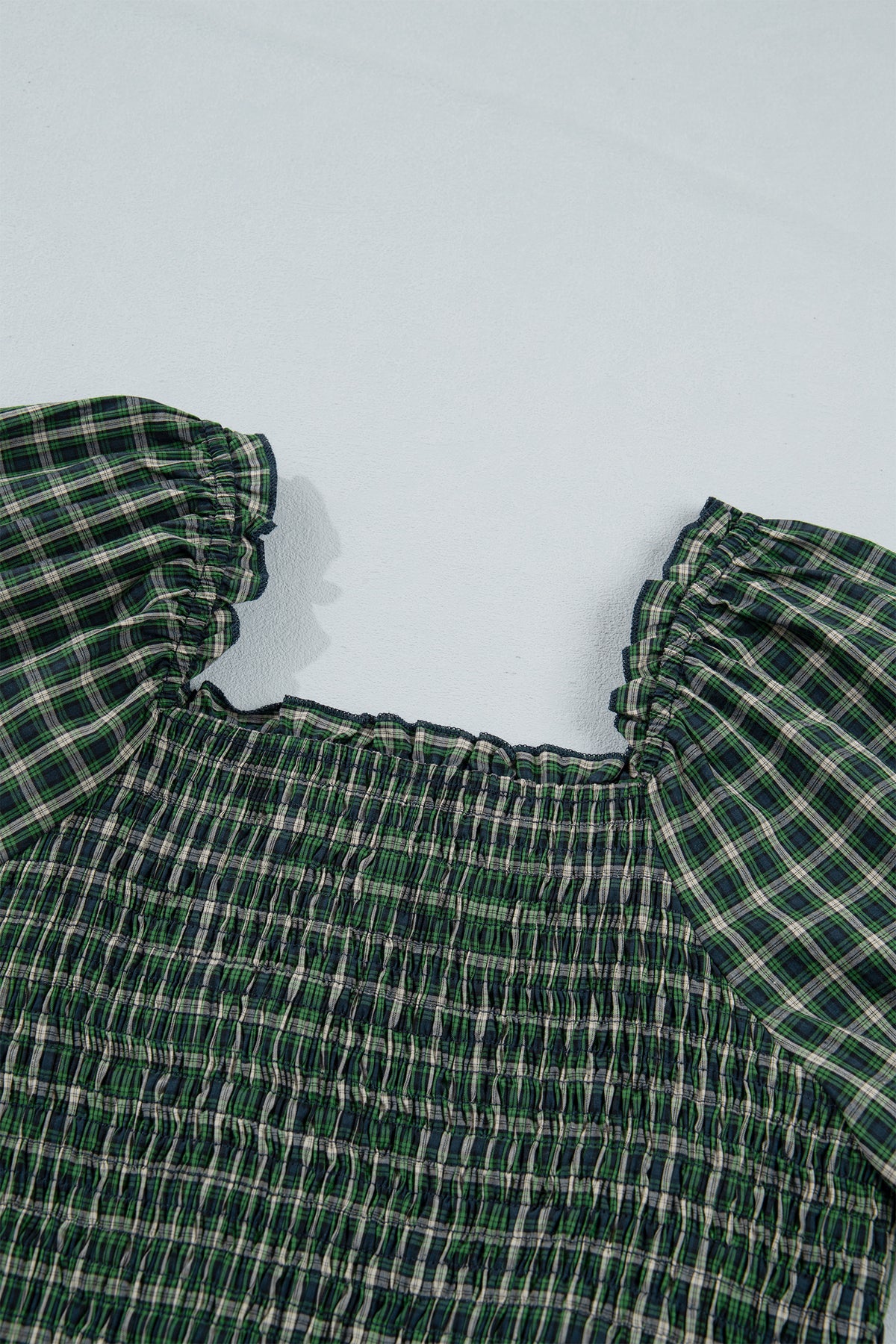 PRE-ORDER Green Plaid Square Neck Shirred High Waist Ruffle Hem Dress