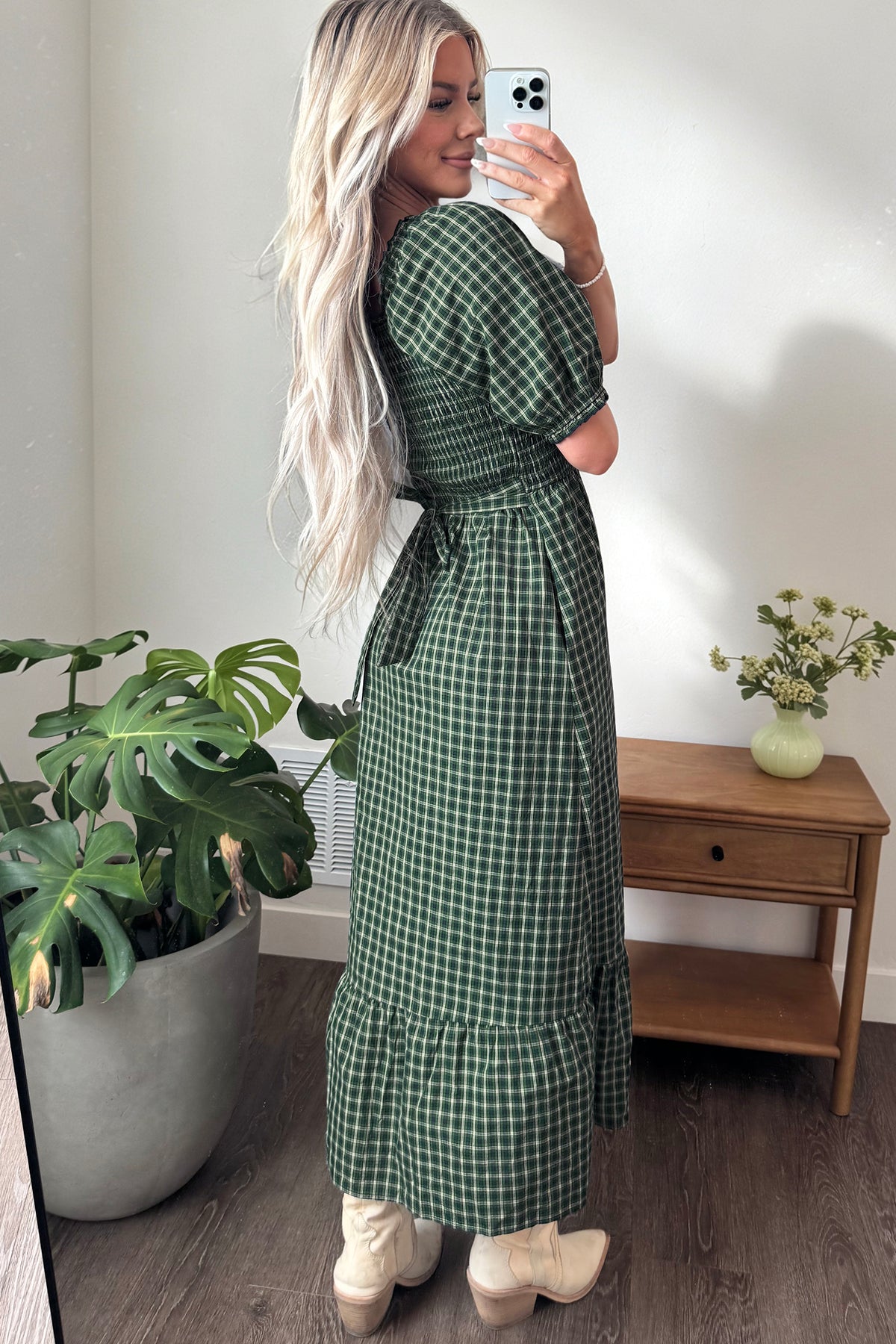 PRE-ORDER Green Plaid Square Neck Shirred High Waist Ruffle Hem Dress
