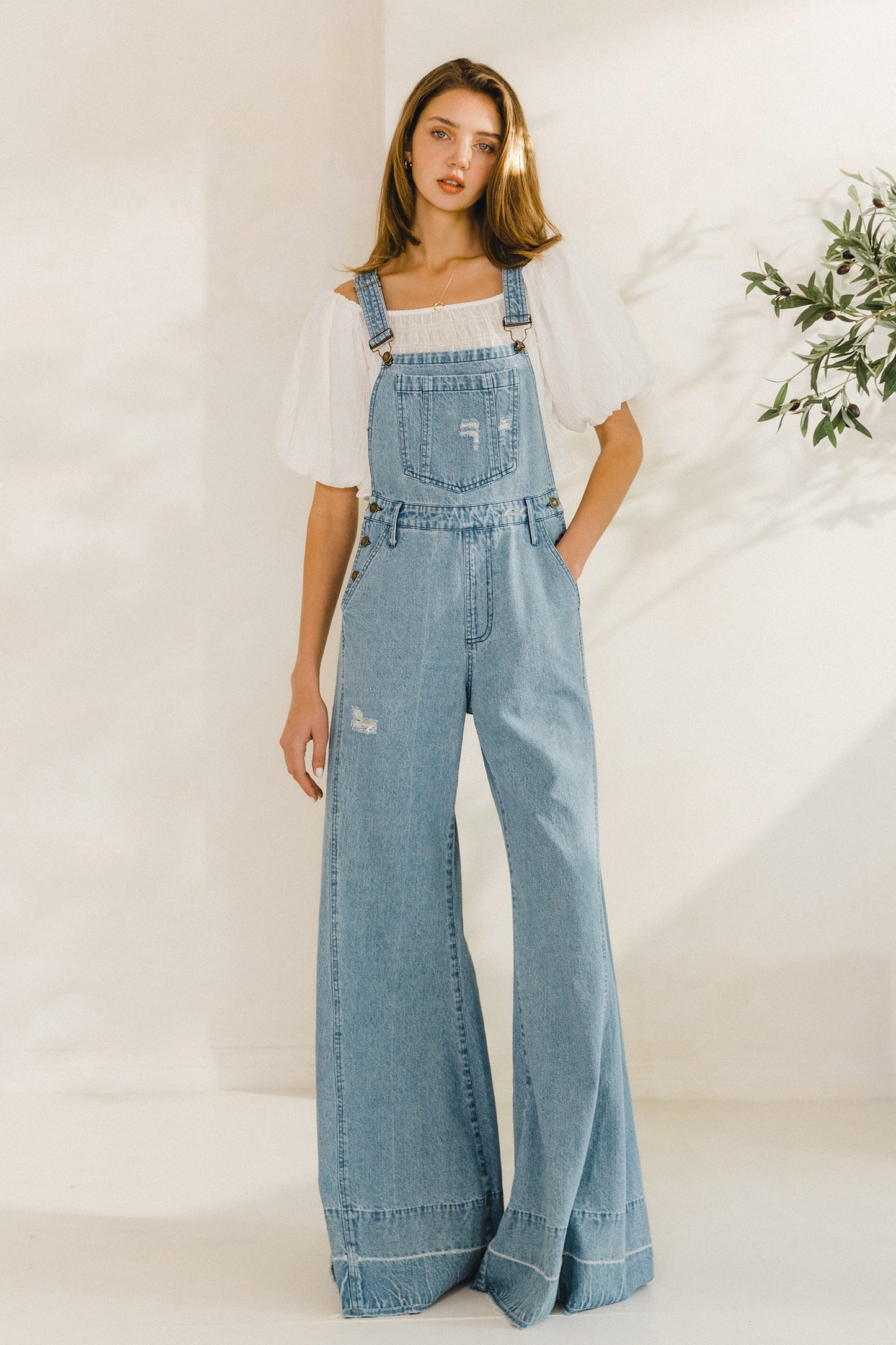 Wide Leg Distressed Denim Overalls