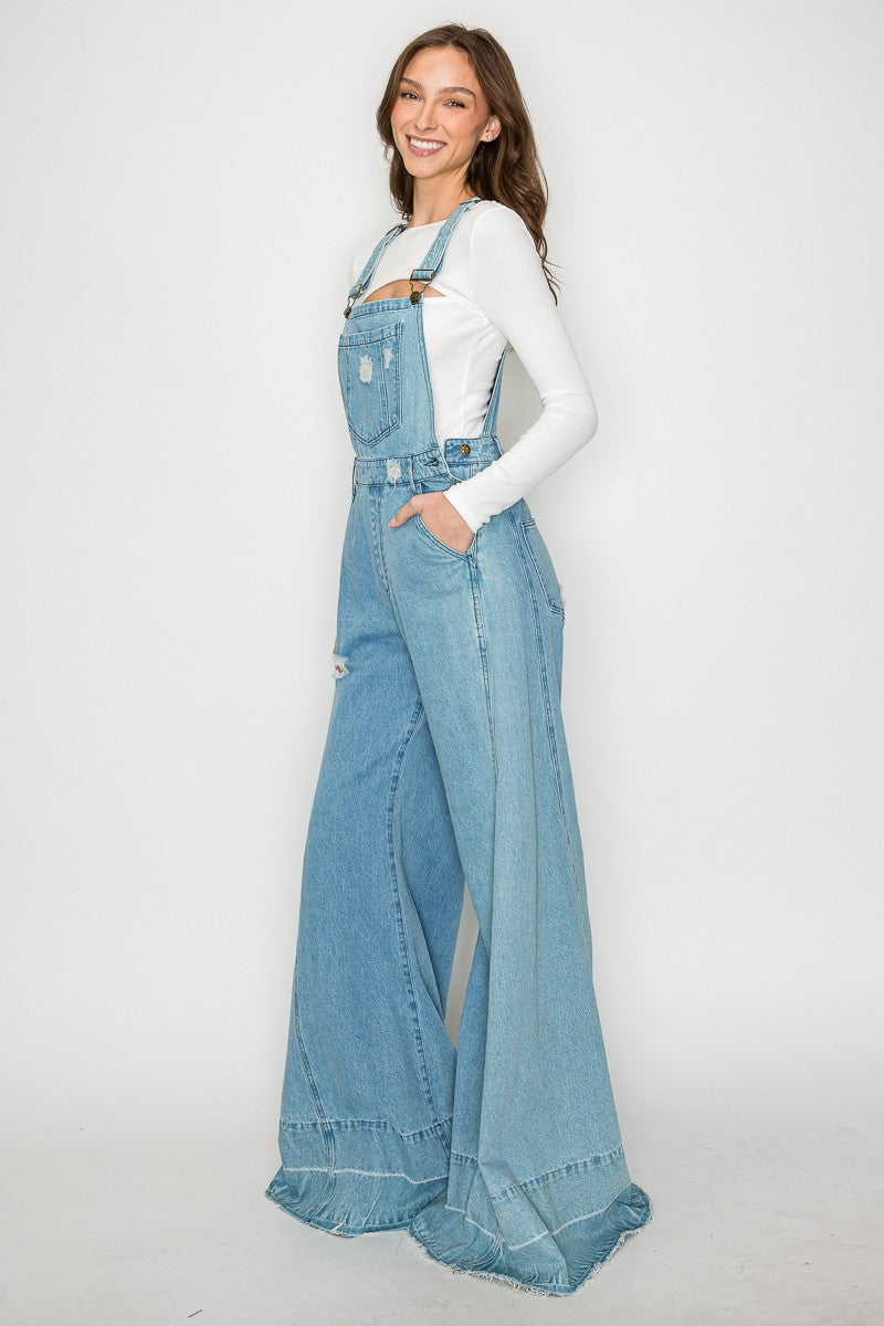 Wide Leg Distressed Denim Overalls