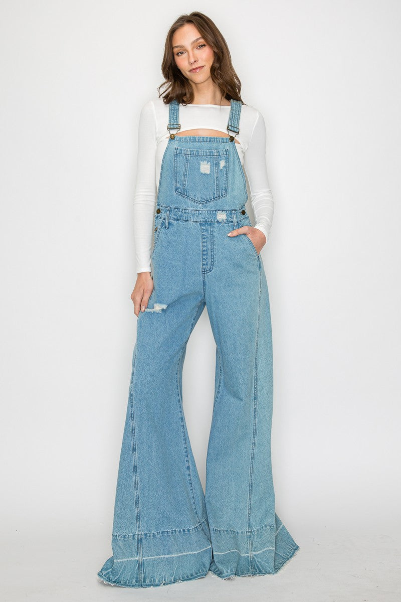 Wide Leg Distressed Denim Overalls