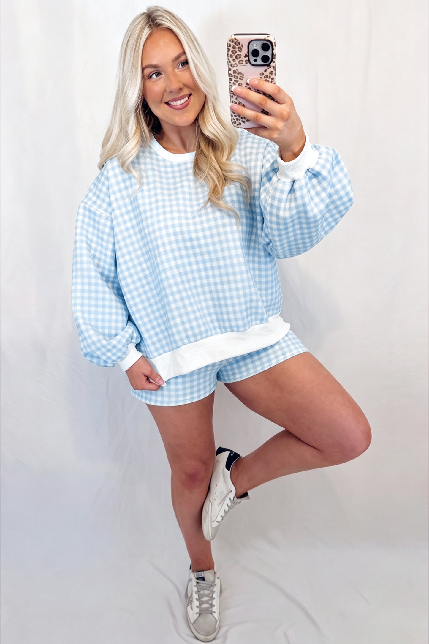 Pink Plaid Baggy Pullover Drawstring Casual Shorts 2pcs Outfit