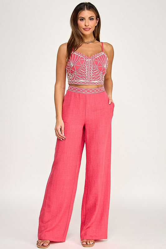 Sleeveless Linen Rope Detail Top With Pants Set