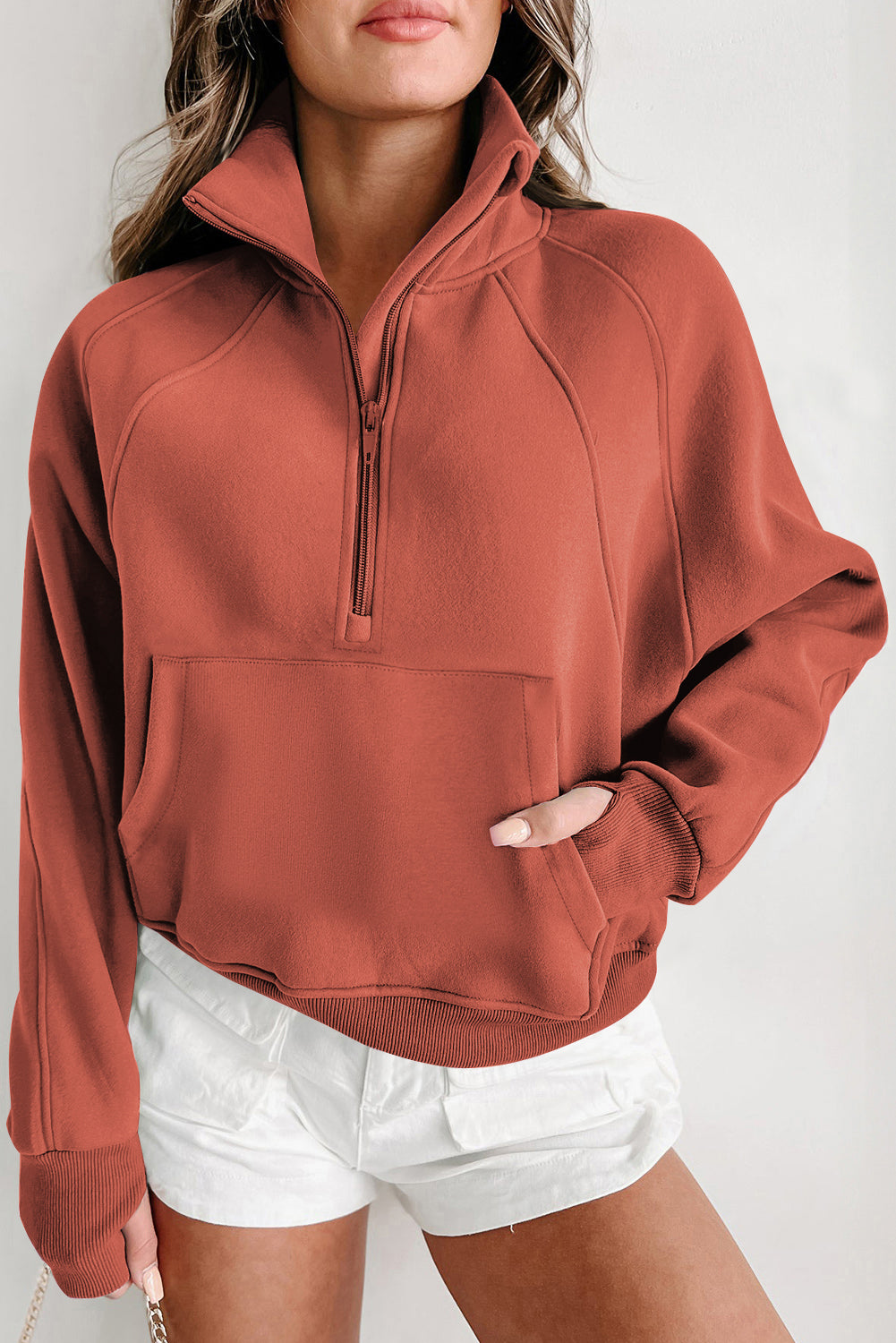 Rust Fleece Lined Zip Up Stand Collar Thumbhole Sleeve Pullover