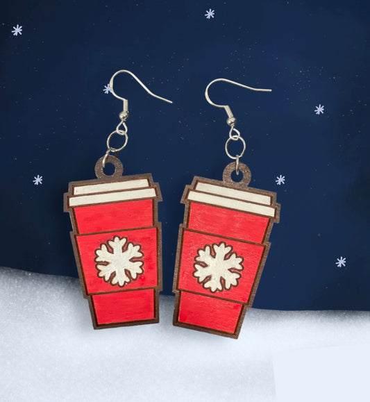 Wooden Snowflake Coffee Cup Earrings