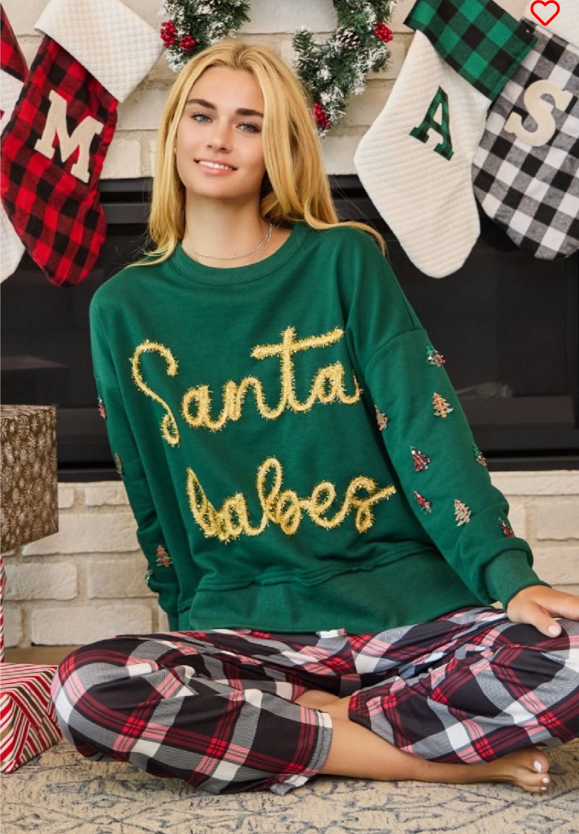 Holiday sparkled front letter and Christmas tree patches long sleeve sweatshirt