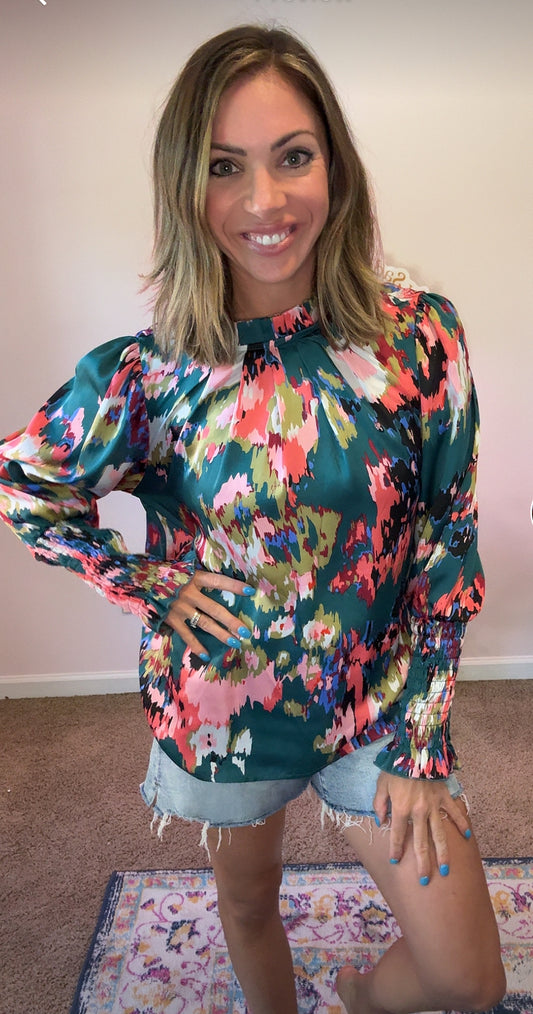Green silk floral shirt
