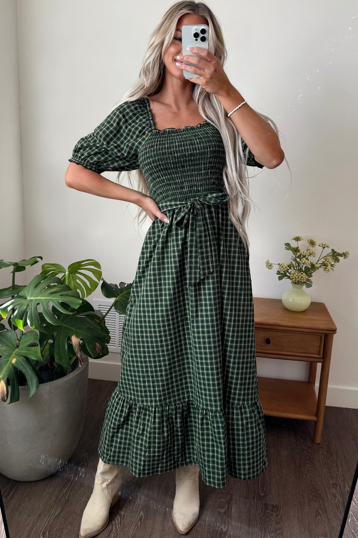 PRE-ORDER Green Plaid Square Neck Shirred High Waist Ruffle Hem Dress