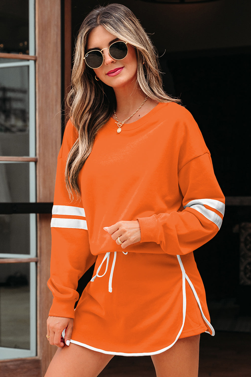 7-9 days ETA Orange Varsity Stripe Detail Drop Shoulder Pullover Mini Skirt Set
