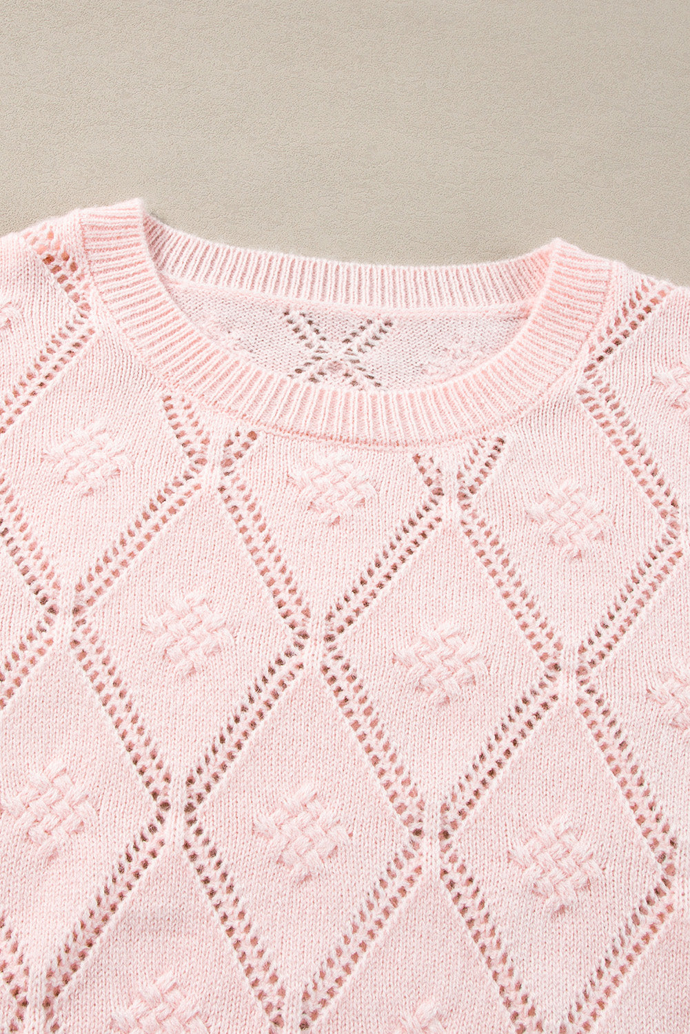 Gossamer Pink Openwork Plaid Puff Sleeve Cropped Sweater