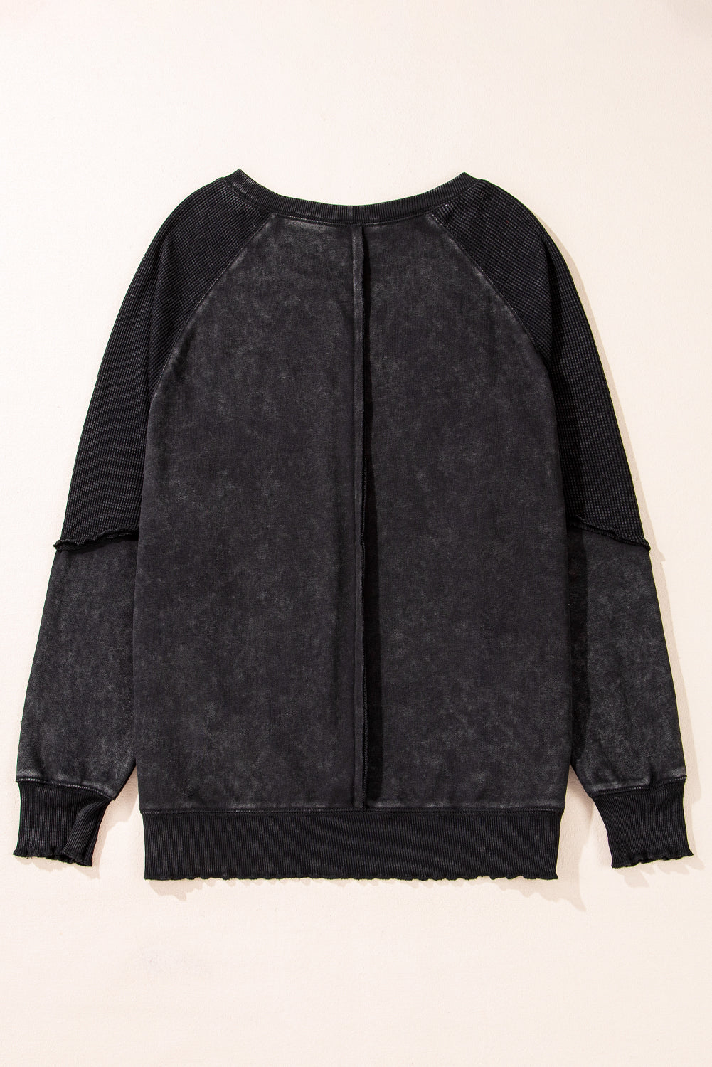 Black Solid Waffle Knit Patchwork Raglan Sleeve Sweatshirt