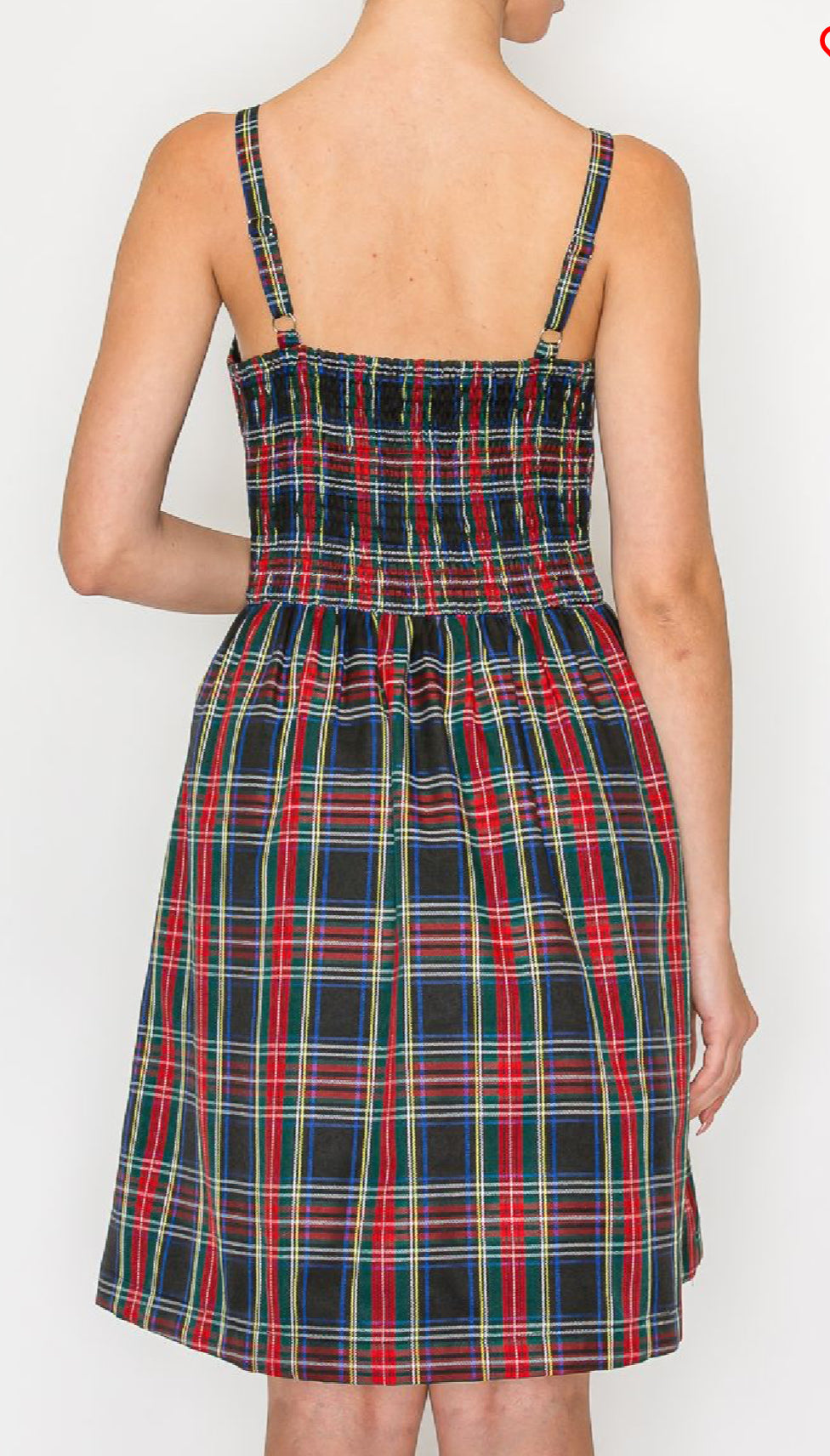 Holiday plaid camis dress with rhinestone ribbon at front.