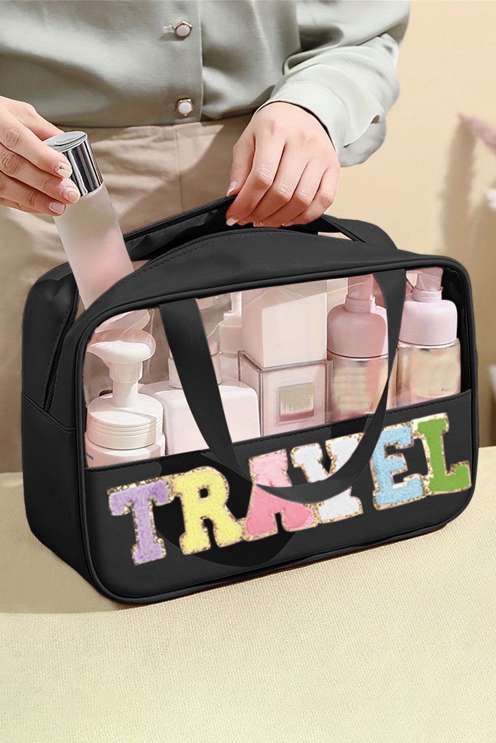 Parchment TRAVEL Chenille Letter Clear PVC Makeup Bag