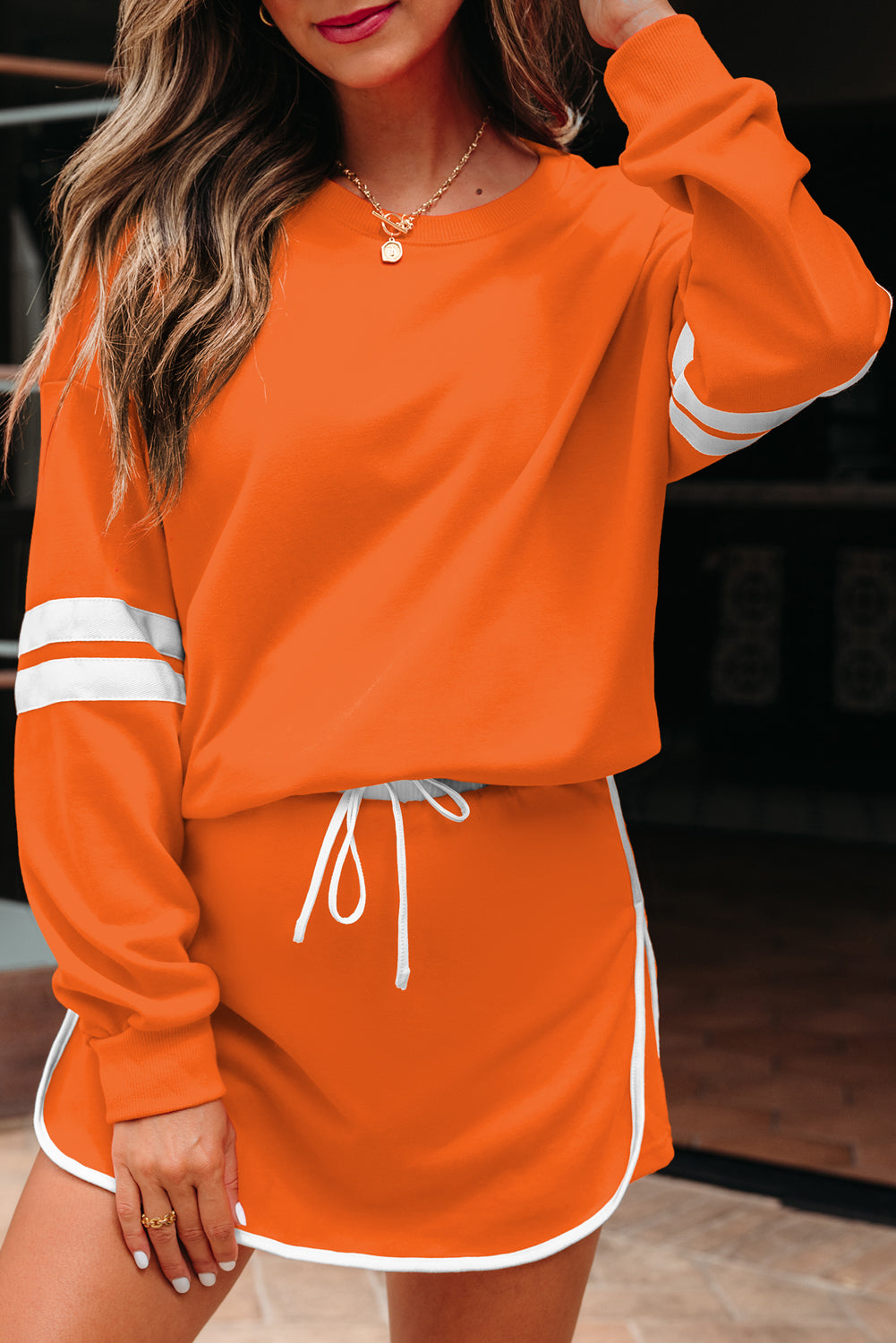 7-9 days ETA Orange Varsity Stripe Detail Drop Shoulder Pullover Mini Skirt Set