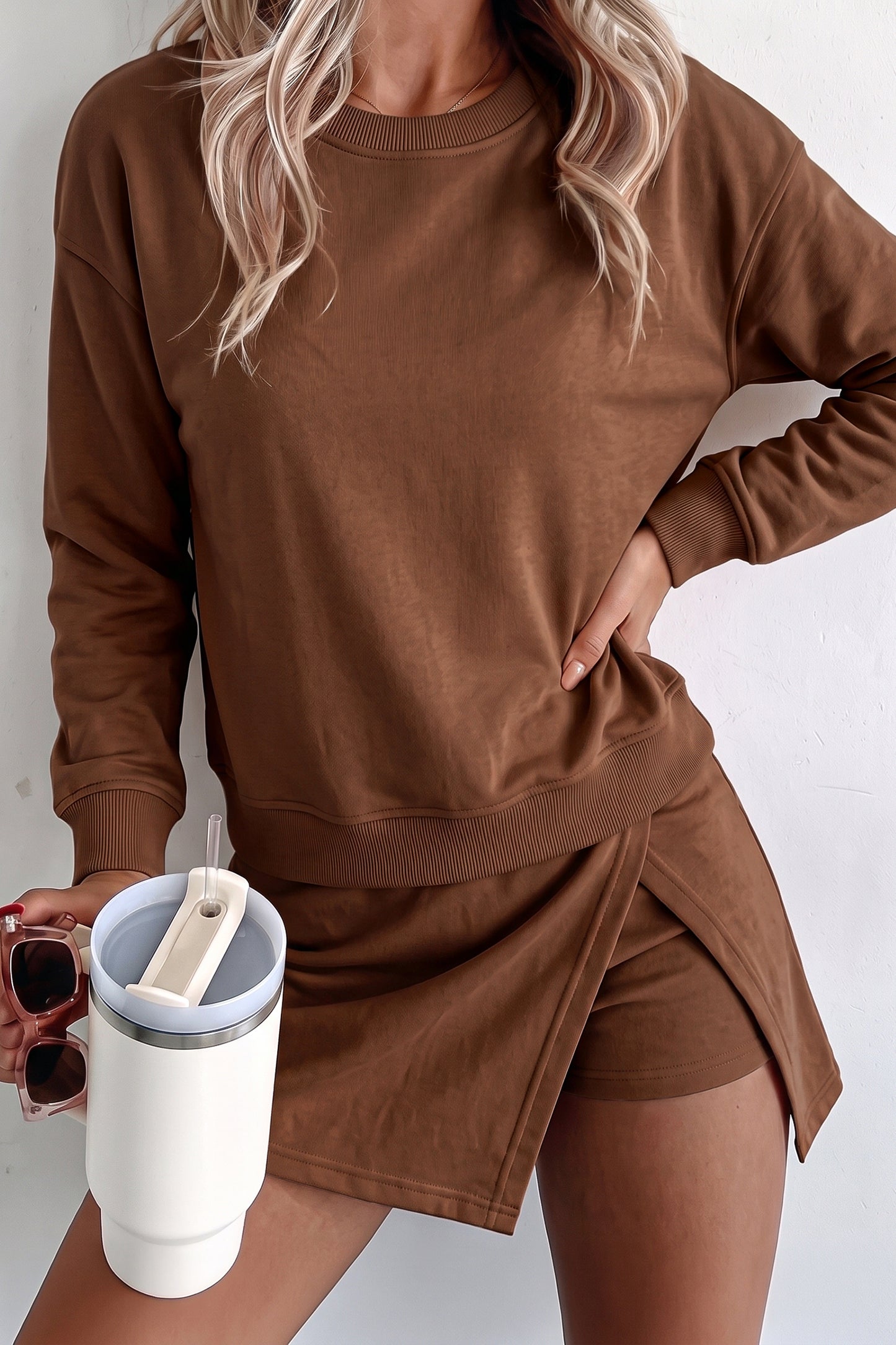 Dirty blue Solid Color Long Sleeve Top Split Skort 2pcs Outfit