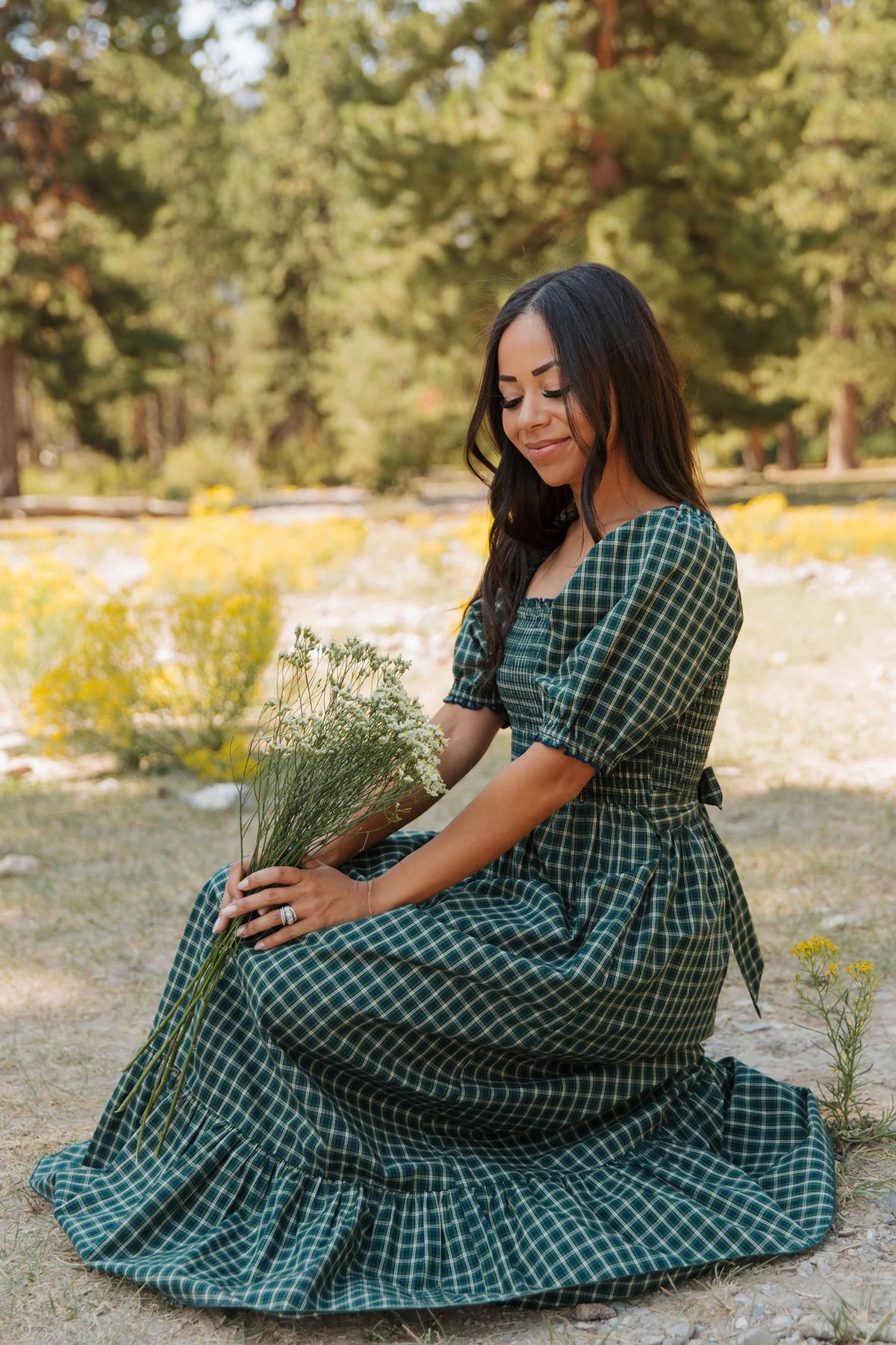 PRE-ORDER Green Plaid Square Neck Shirred High Waist Ruffle Hem Dress