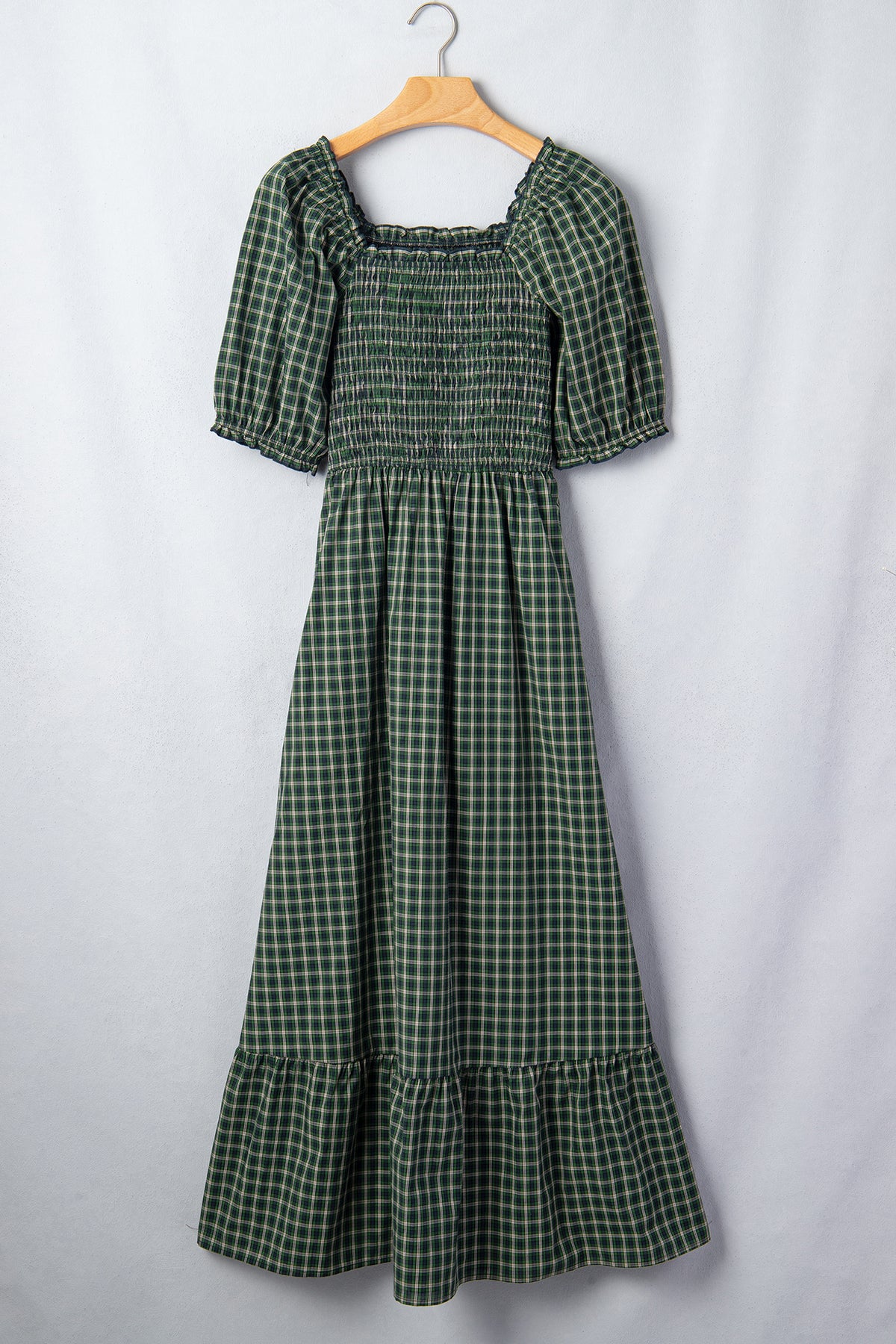 PRE-ORDER Green Plaid Square Neck Shirred High Waist Ruffle Hem Dress