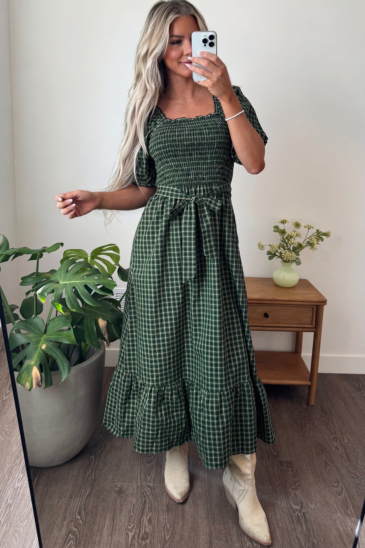 PRE-ORDER Green Plaid Square Neck Shirred High Waist Ruffle Hem Dress