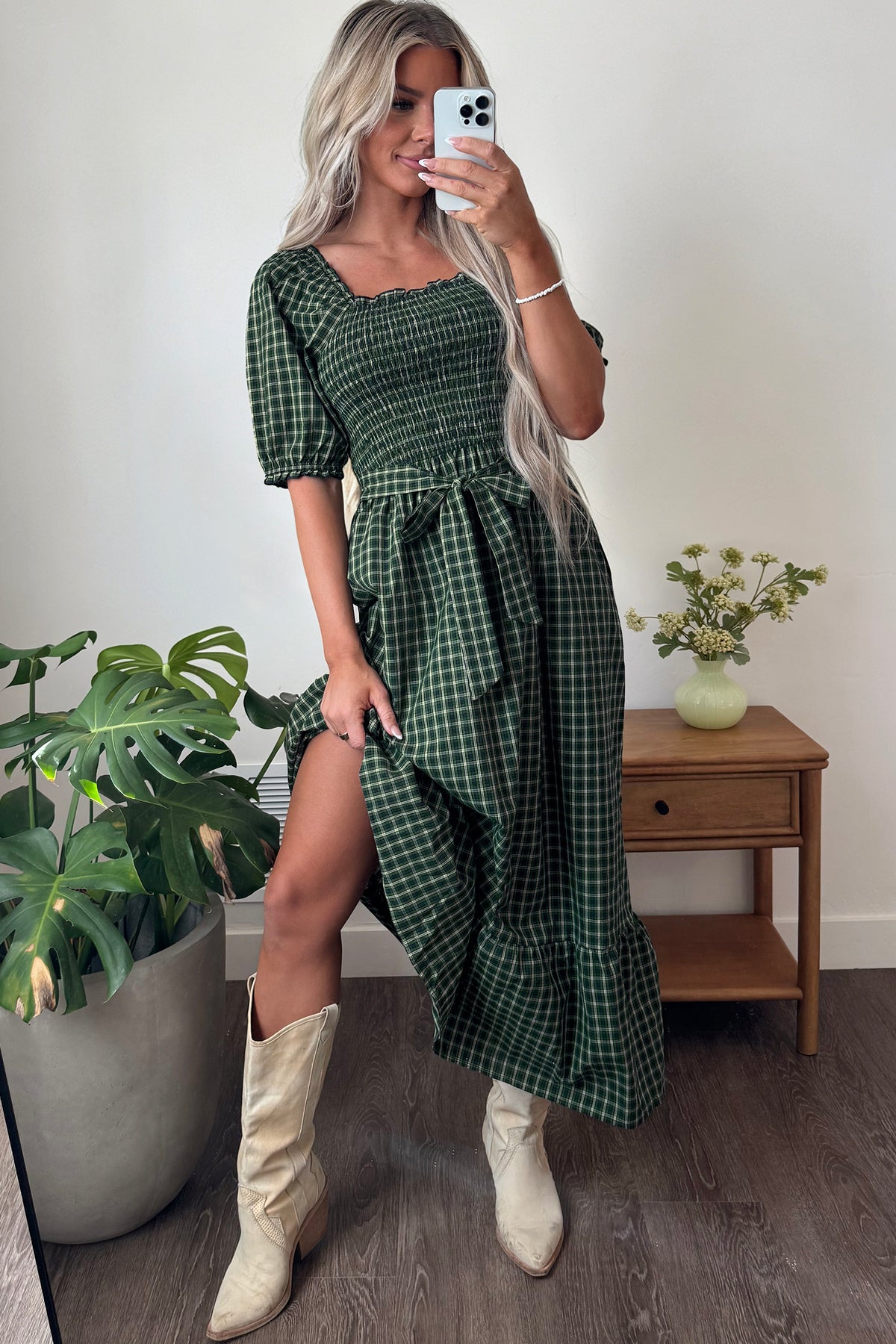 PRE-ORDER Green Plaid Square Neck Shirred High Waist Ruffle Hem Dress
