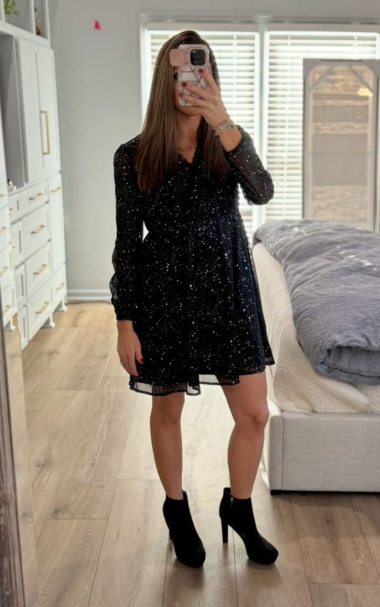 Black Glitter Mesh Overlay V Neck Dress
