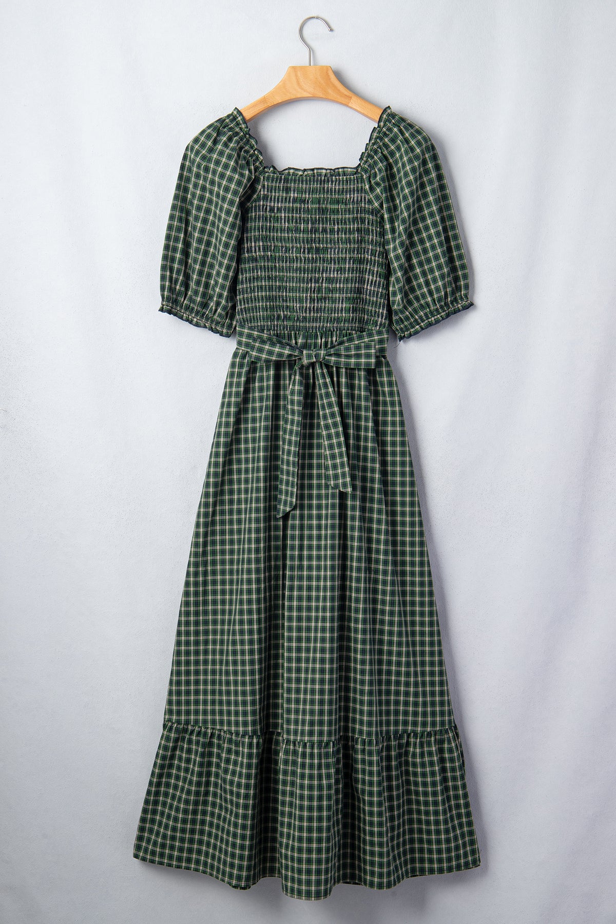 PRE-ORDER Green Plaid Square Neck Shirred High Waist Ruffle Hem Dress