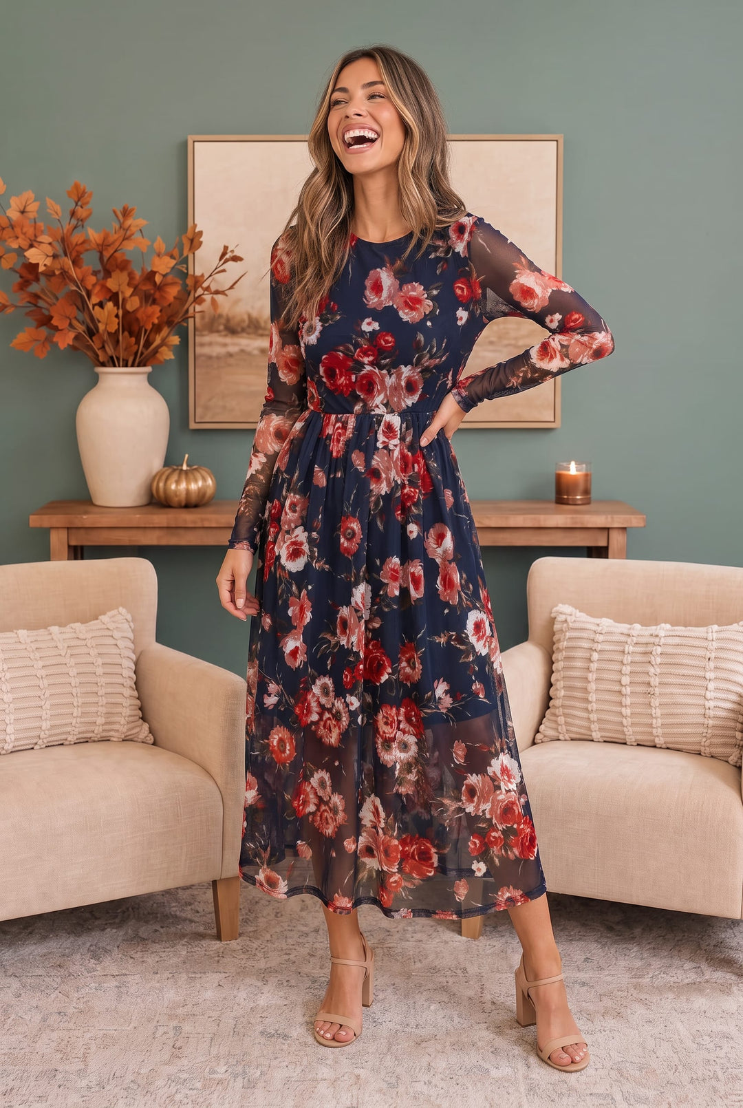 NAVY FLORAL MESH LONG SLEEVE MIDI DRESS
