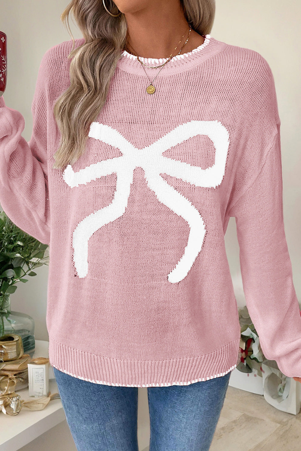 Pink Bow Pattern Contrast Trim Loose Graphic Sweater