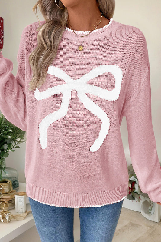 Pink Bow Pattern Contrast Trim Loose Graphic Sweater
