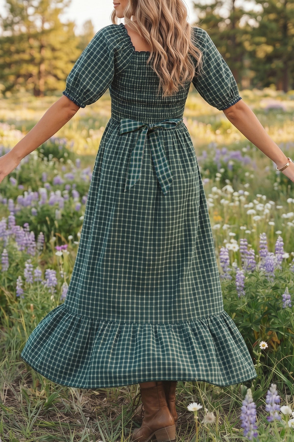 PRE-ORDER Green Plaid Square Neck Shirred High Waist Ruffle Hem Dress