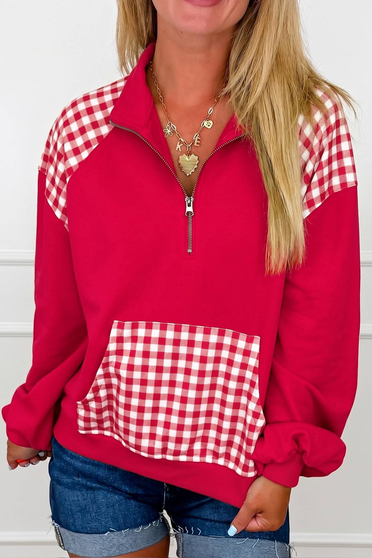 Dark Green Patchwork Plaid Pocket Quarter Zip Sweatshirt