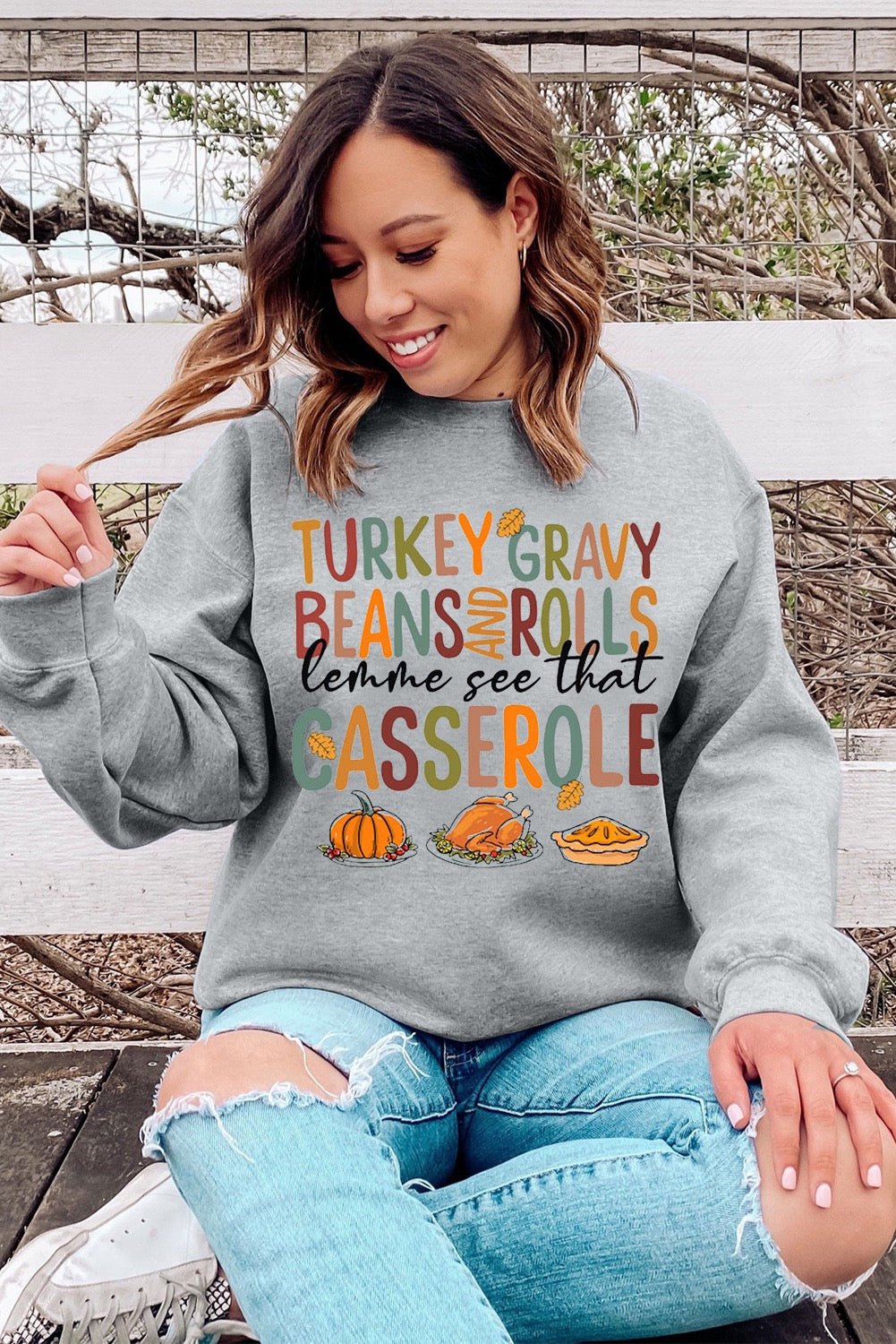 Gray Thanksgiving Slogan Pumpkin Turkey Pie Sweatshirt