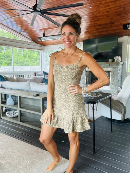 Leopard Denim Fit And Flare Mini Dress W/ Ties