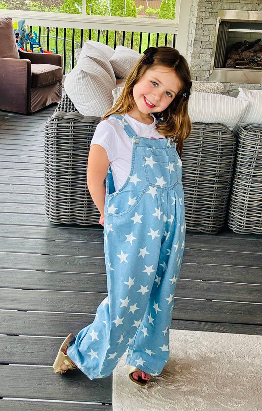 Star printed denim jumpsuit-KID