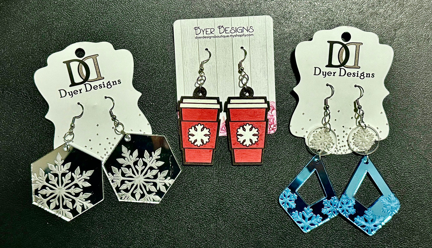 Wooden Snowflake Coffee Cup Earrings