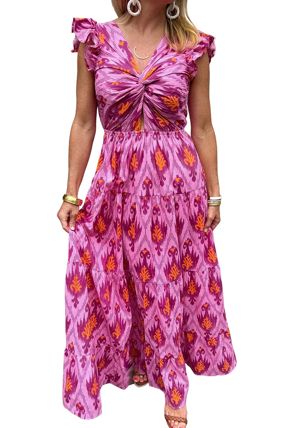 Bonbon Retro Print Twisted Front Ruffled Sleeve Maxi Dress