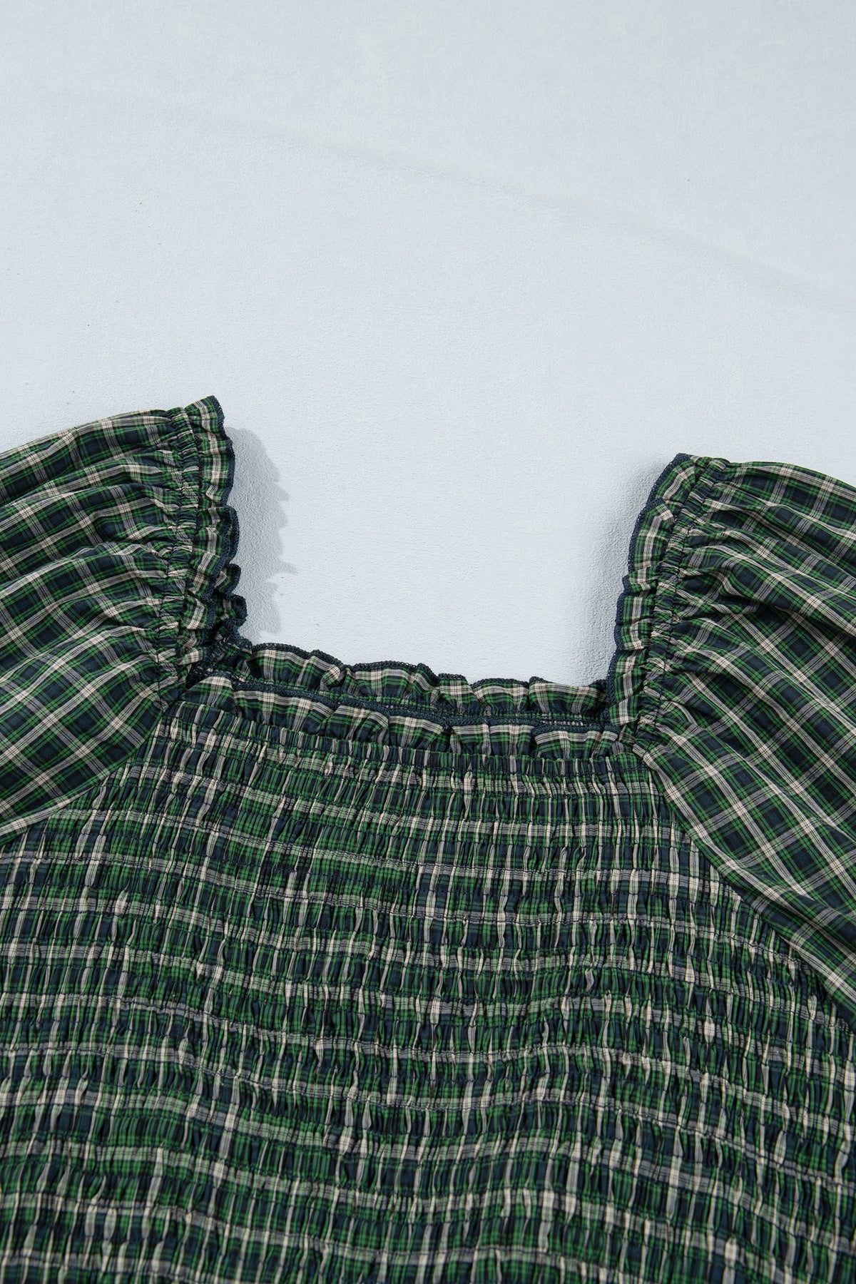 PRE-ORDER Green Plaid Square Neck Shirred High Waist Ruffle Hem Dress